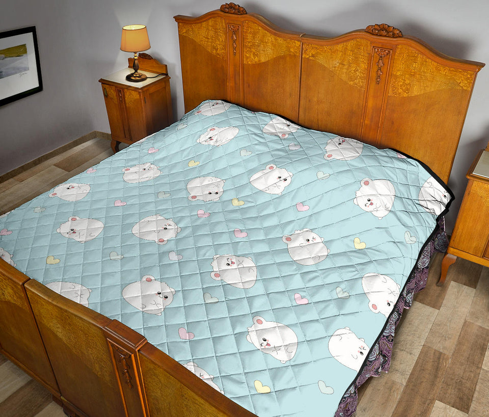 White Cute Hamsters Heart Pattern Premium Quilt