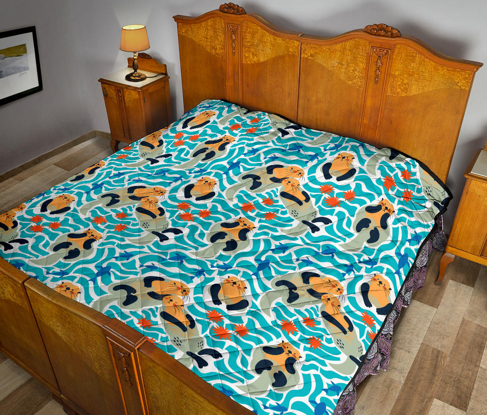 Cute Sea Otters Fishe Sea Urchin Pattern Premium Quilt