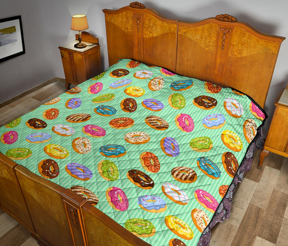 Colorful Donut Pattern Green Background Premium Quilt