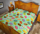 Colorful Donut Pattern Green Background Premium Quilt