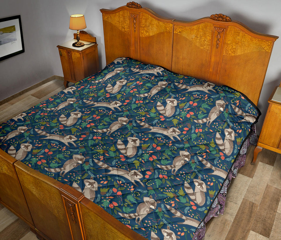 Raccoon Tropical Leaves Pattern Premium Quilt