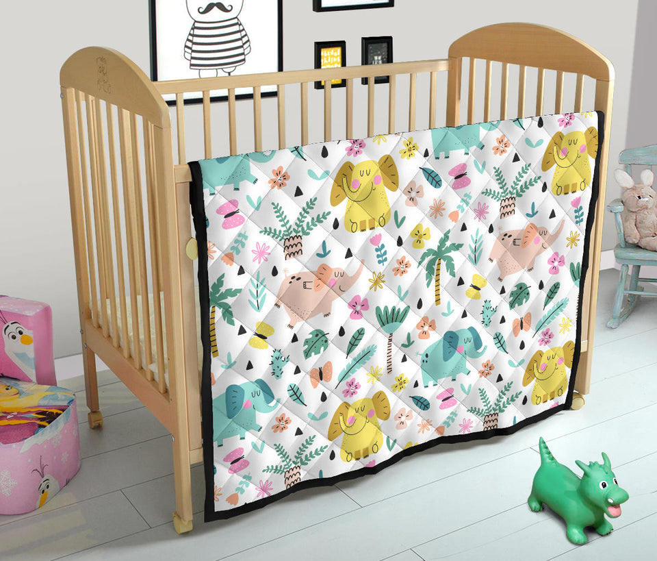 Cute Elephants Palm Tree Flower Butterfly Pattern Premium Quilt
