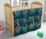 Heliconia Flowers, Palm And Monstera Leaves On Black Background Pattern Premium Quilt