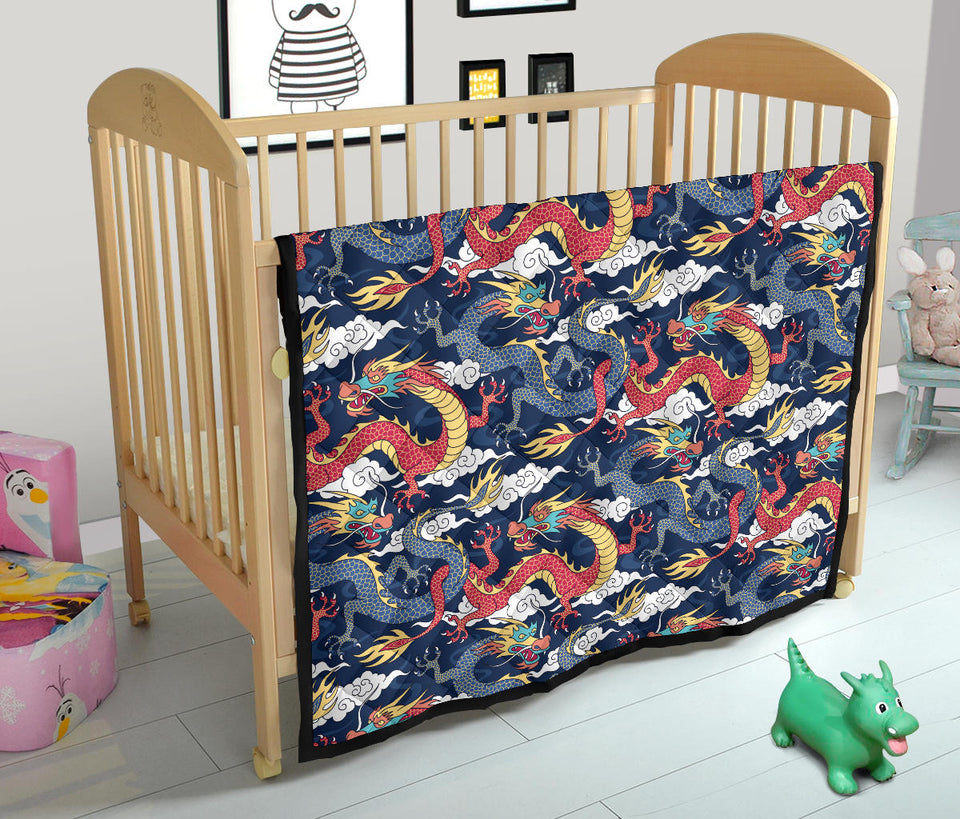 Blue Red Dragon Cloud Pattern Premium Quilt