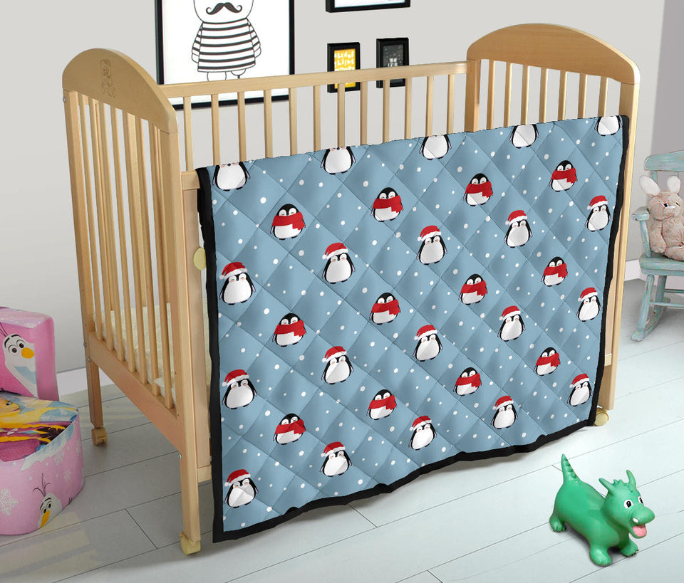 Cute Penguin Christmas Snow Pattern Premium Quilt