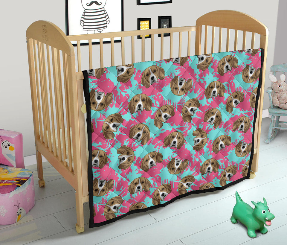 Beagle Muzzles Turquoise Paint Splashes Pink Pattern Premium Quilt