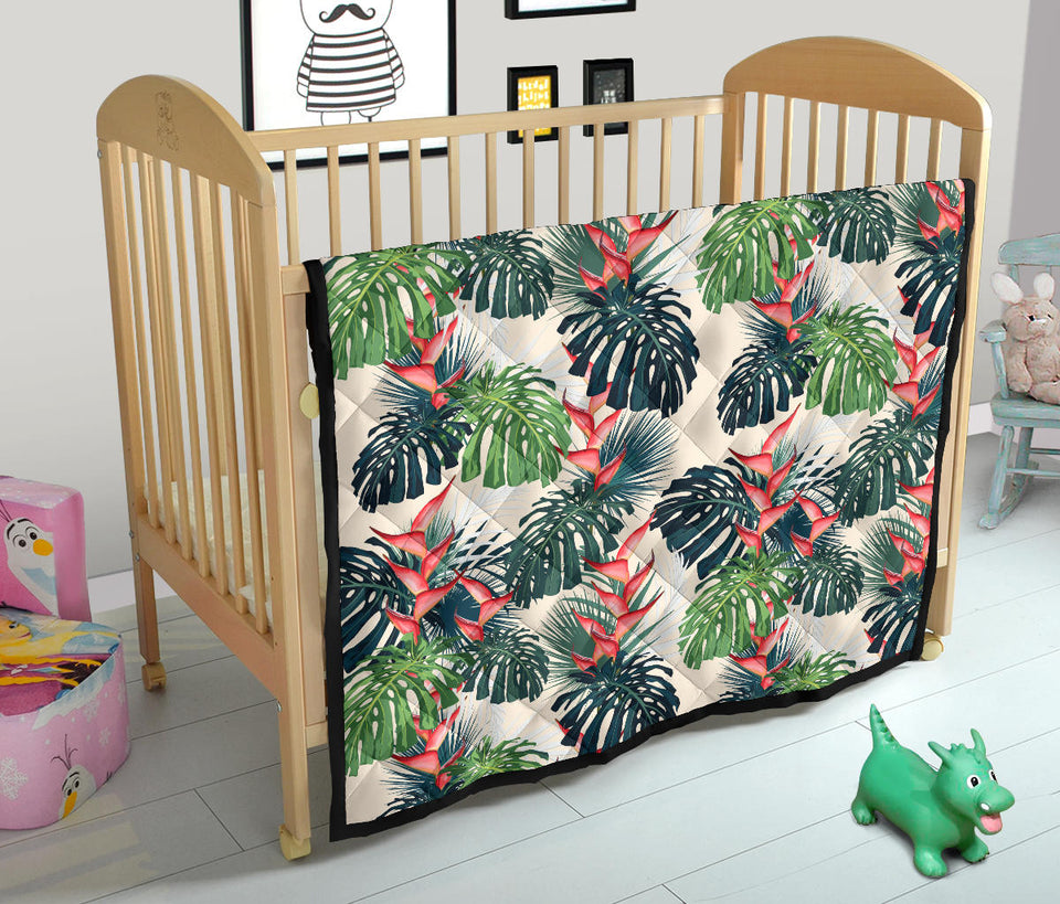 Heliconia Flowers, Palm And Monstera Leaves Premium Quilt