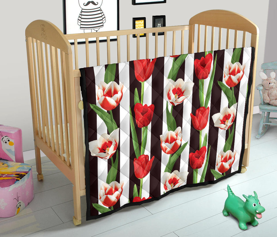 Red And White Tulips Pattern Premium Quilt