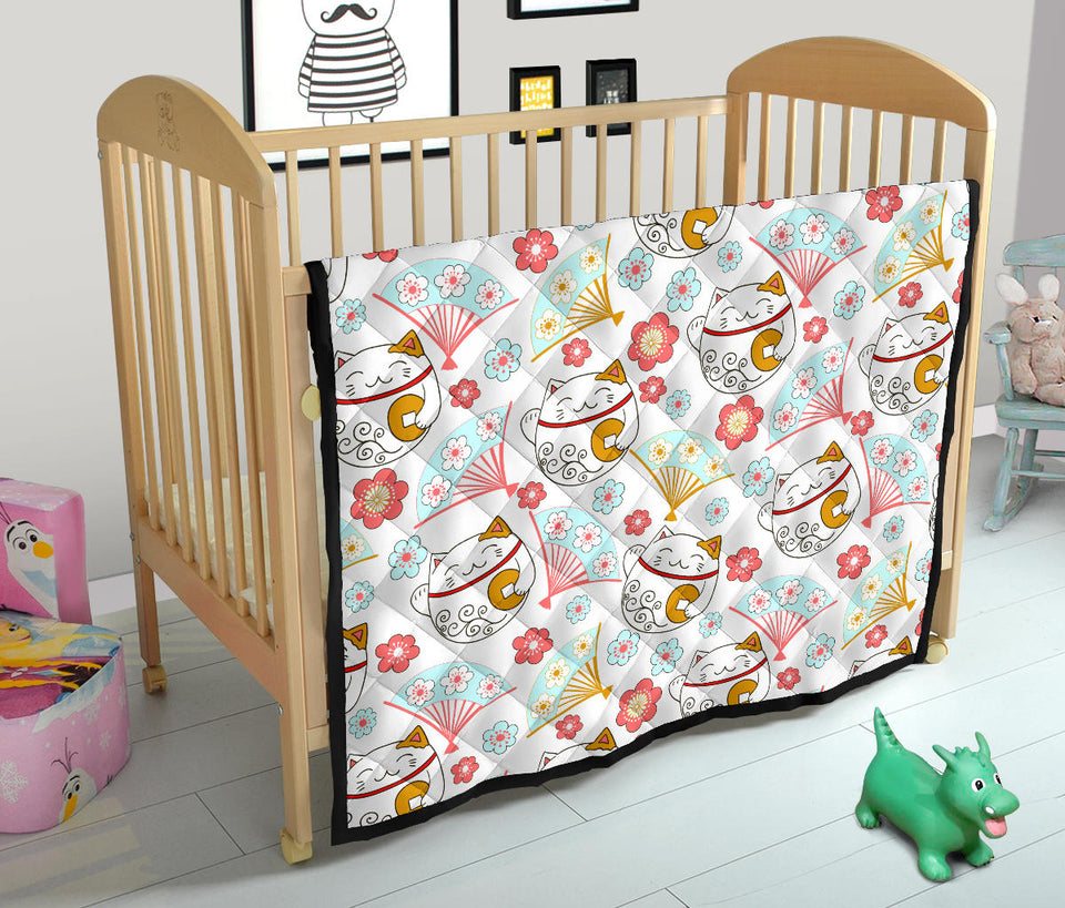 Maneki Neko Lucky Cat Fan Sakura Premium Quilt