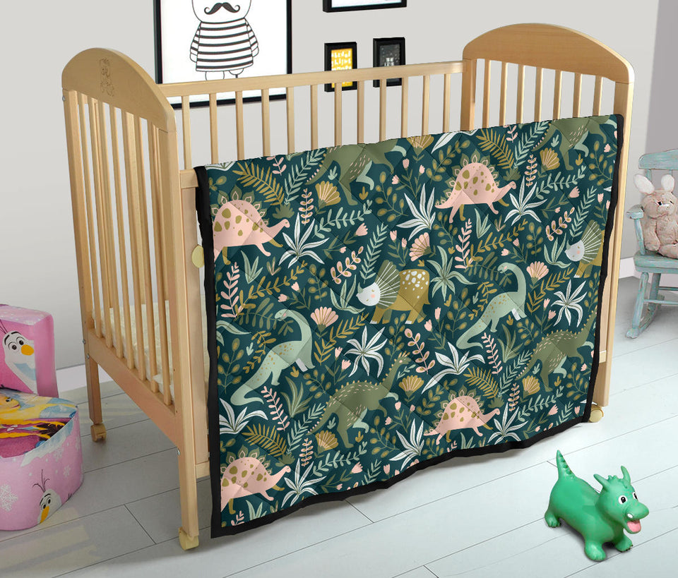 Dinosaurs Tropical Leaves Flower Pattern Premium Quilt