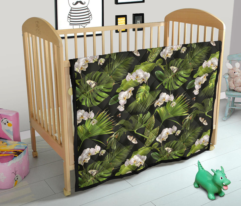 White Orchid Flower Tropical Leaves Pattern Blackground Premium Quilt