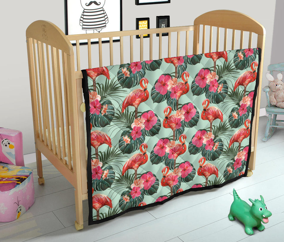 Beautiful Flamingo Tropical Palm Leaves Hibiscus Pateern Background Premium Quilt