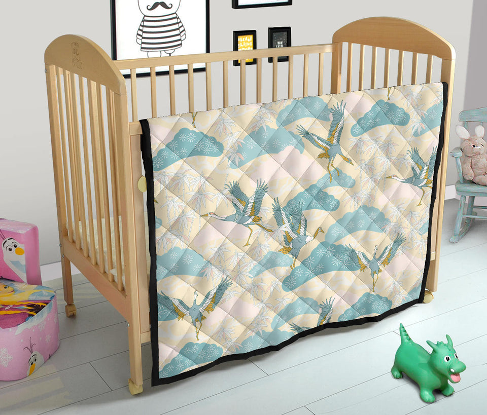 Bonsai Bamboo Stork Japanese Pattern Cream Theme Premium Quilt