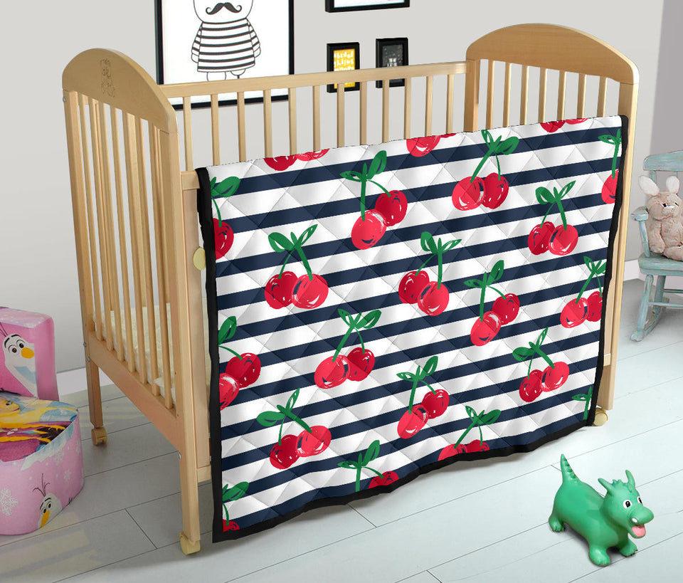 Hand Drawn Cherry Pattern Striped Background Premium Quilt