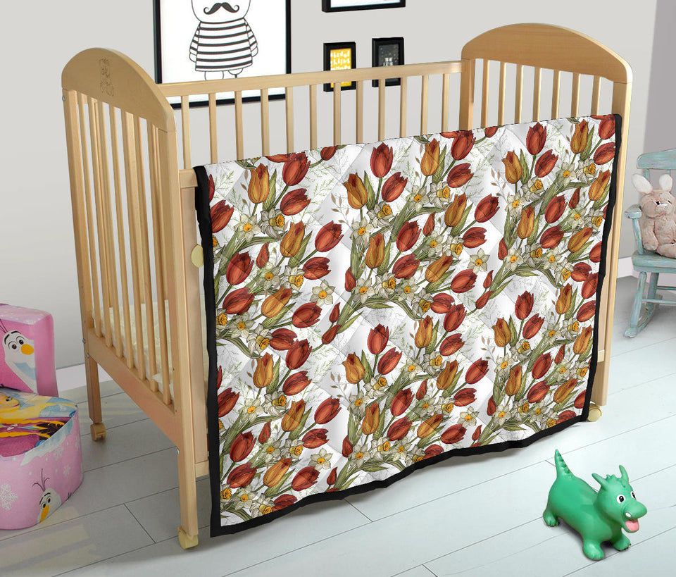 Red Tulips And Daffodils Pattern Premium Quilt