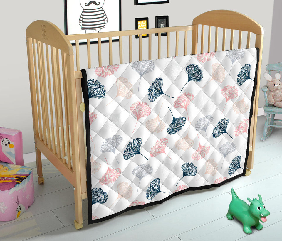 Black Gray Cream Coral Ginkgo Leaves Pattern Premium Quilt