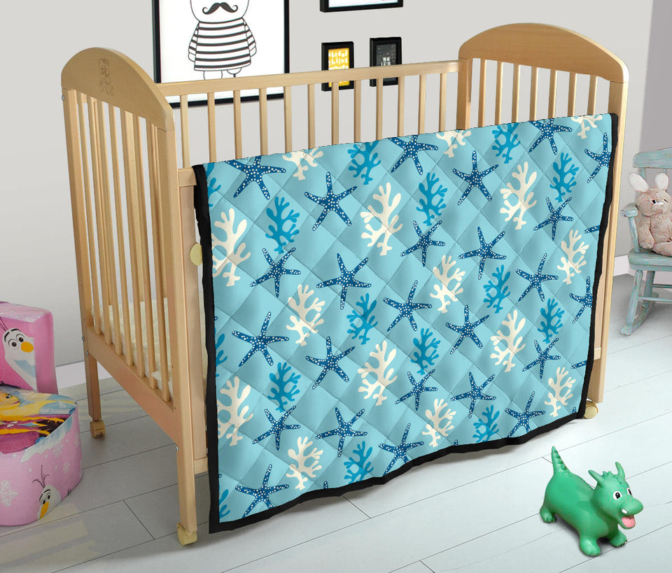 Blue Starfish Coral Reef Pattern Premium Quilt