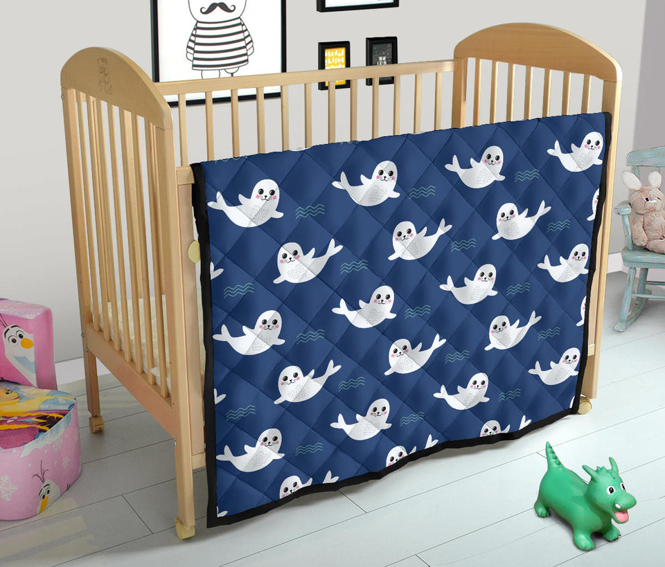 Cute White Baby Sea Lion Seal Pattern Premium Quilt