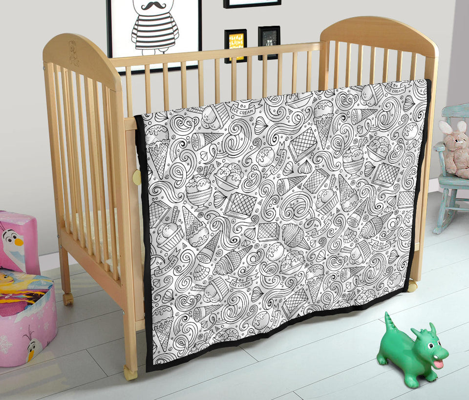 Cartoon Hand Drawn Ice Cream Black White Premium Quilt.