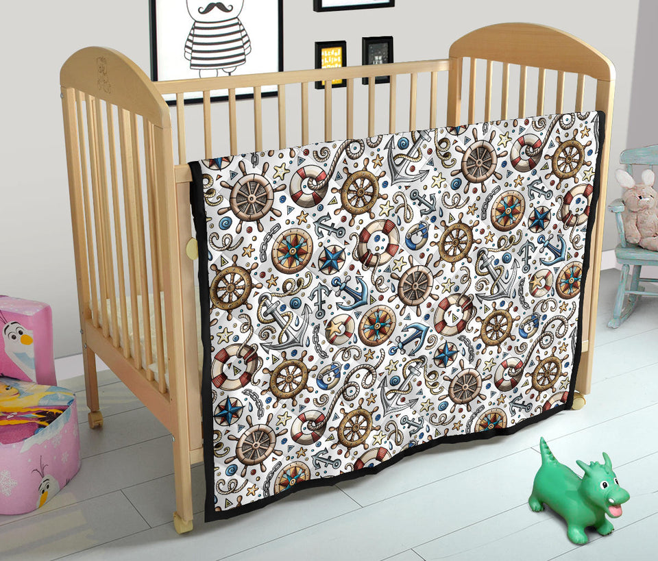 Cute Nautical Steering Wheel Anchor Pattern Premium Quilt