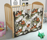 Monkey Red Hibiscus Flower Palm Leaves Floral Pattern Premium Quilt