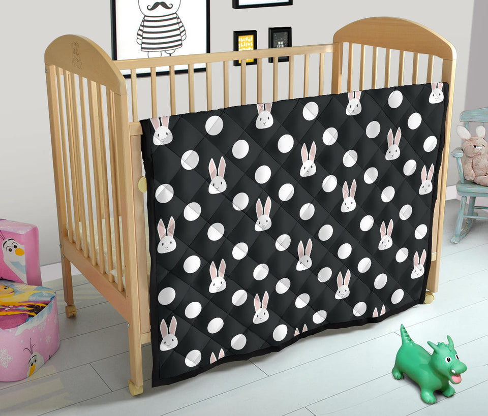 Cute White Rabbit Polka Dots Black Background Premium Quilt