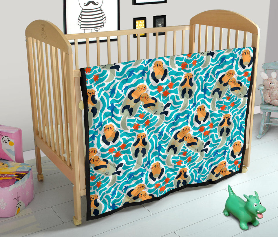 Cute Sea Otters Fishe Sea Urchin Pattern Premium Quilt