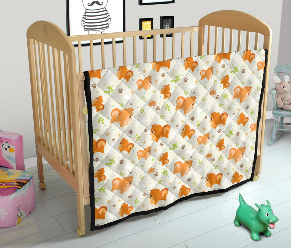 Cute Brown Pomeranian Paw Leave Bone Pattern Premium Quilt