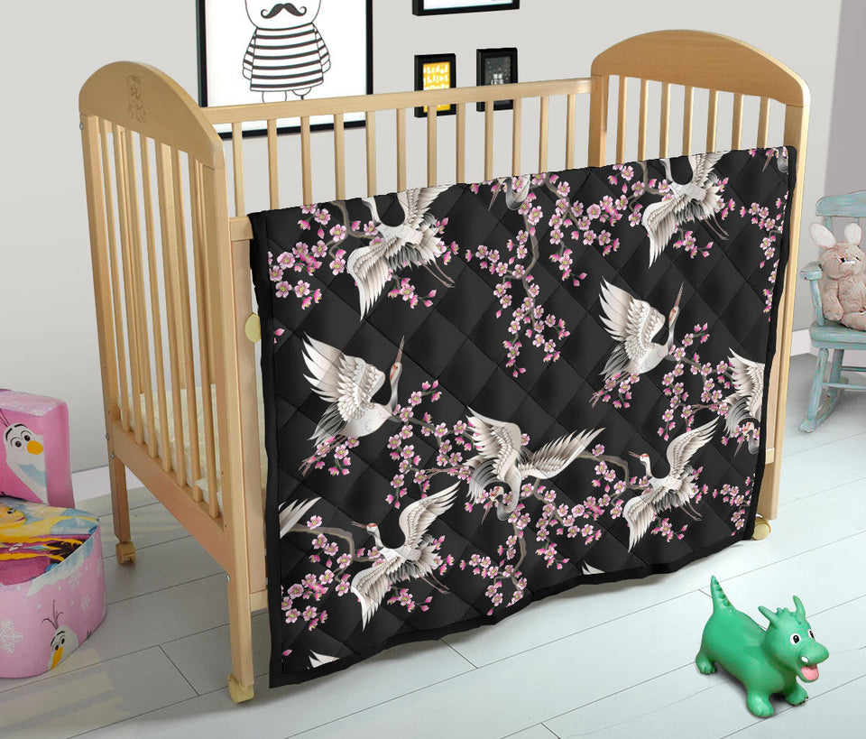 Japanese Crane Pink Sakura Pattern Premium Quilt
