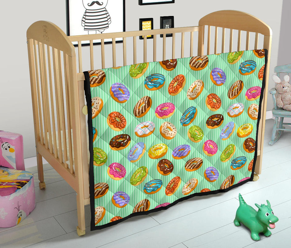 Colorful Donut Pattern Green Background Premium Quilt