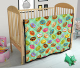 Colorful Donut Pattern Green Background Premium Quilt