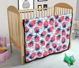 Strawberry Pattern Blue Lines Background Premium Quilt