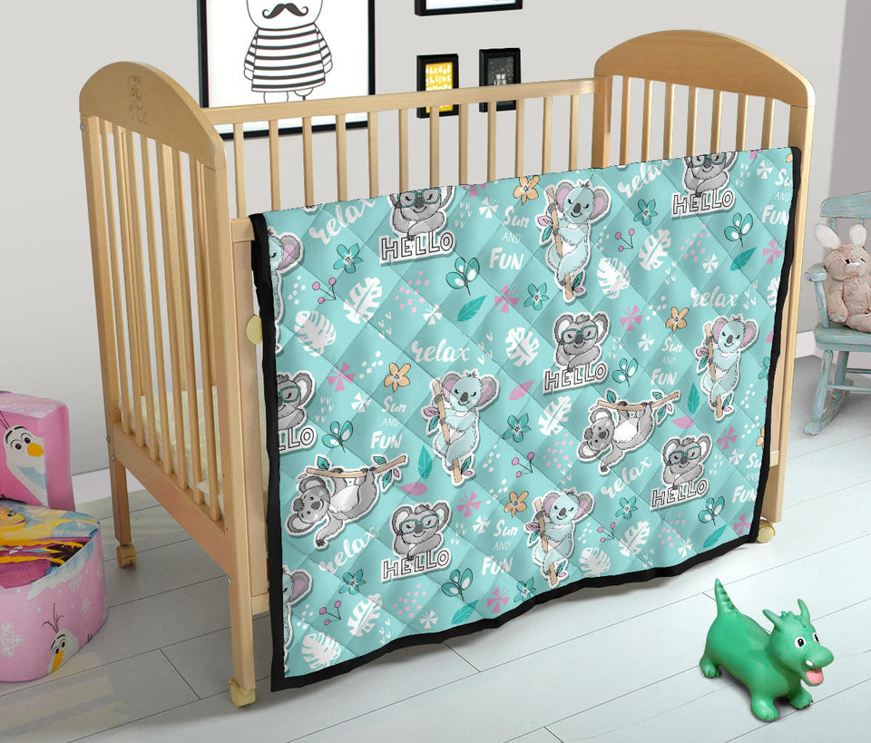 Cute Koalas Blue Background Pattern Premium Quilt