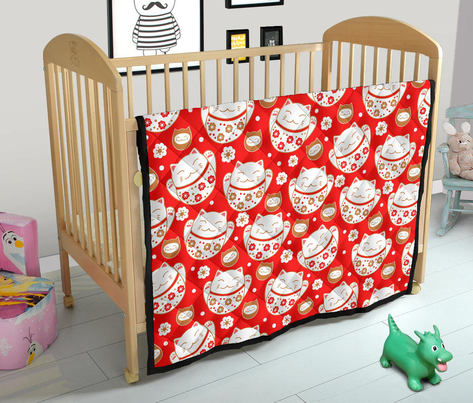 Cute Maneki Neko Lucky Cat Red Background Premium Quilt