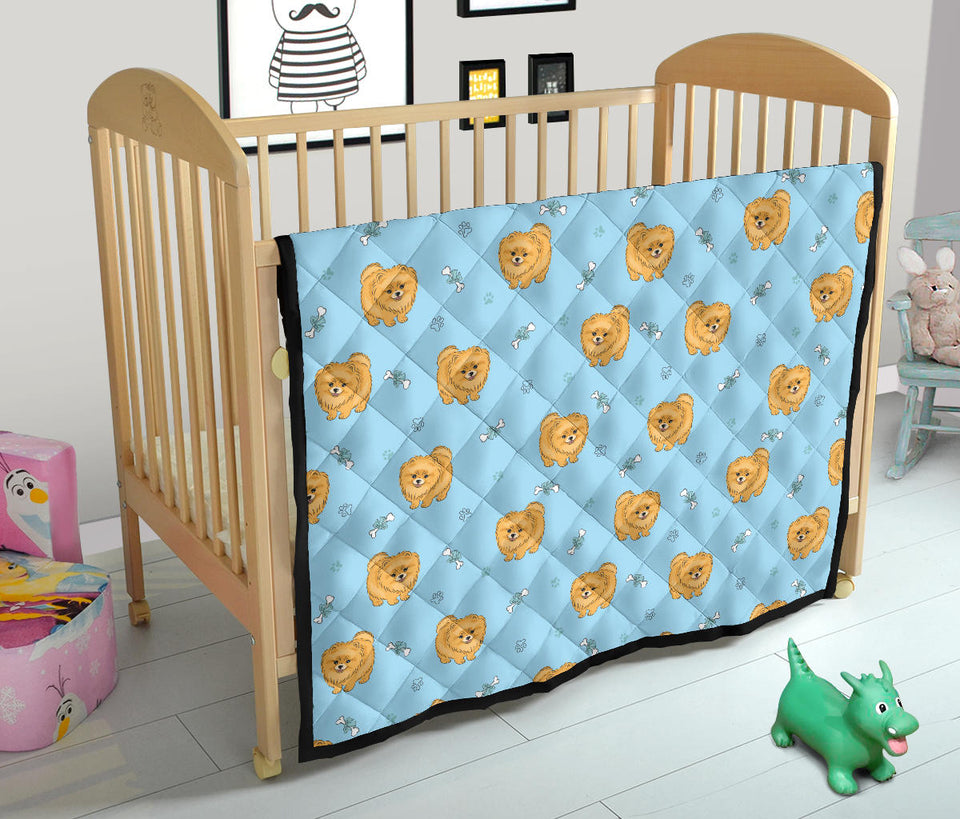 Brown Cute Pomeranian Blue Blackground Premium Quilt