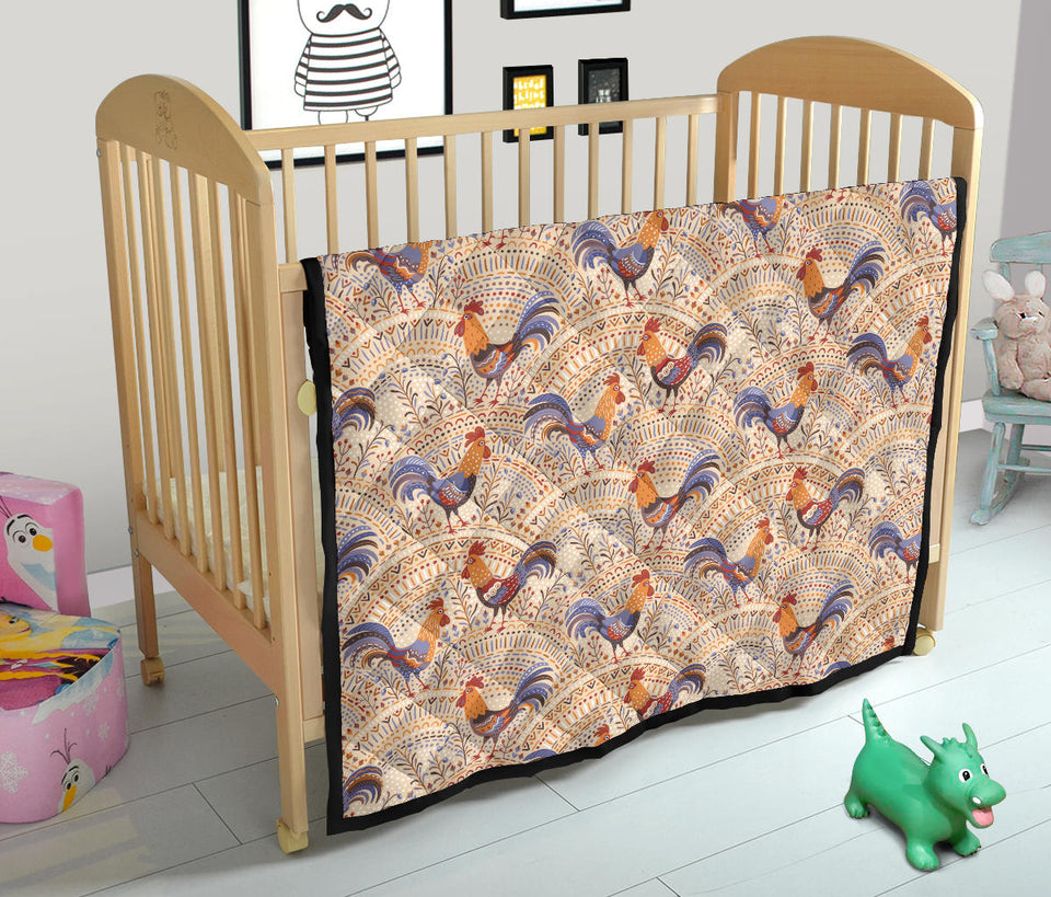 Cute Rooster Chicken Cock Floral Ornament Background Premium Quilt