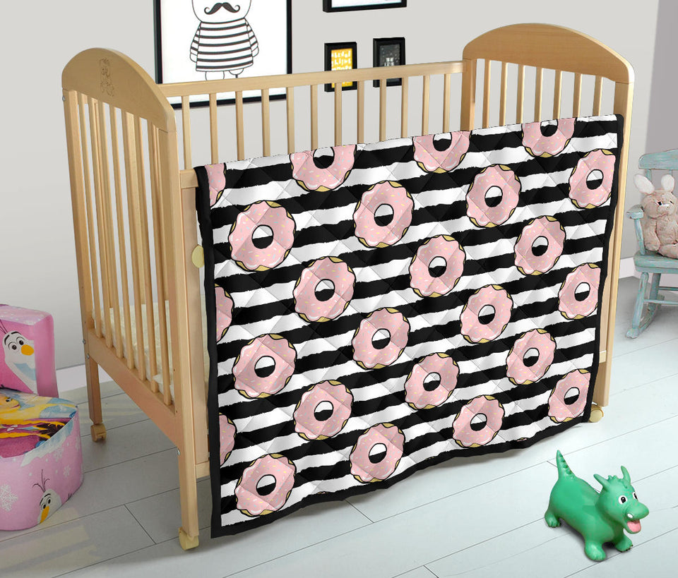 Donuts Pink Icing Striped Pattern Premium Quilt