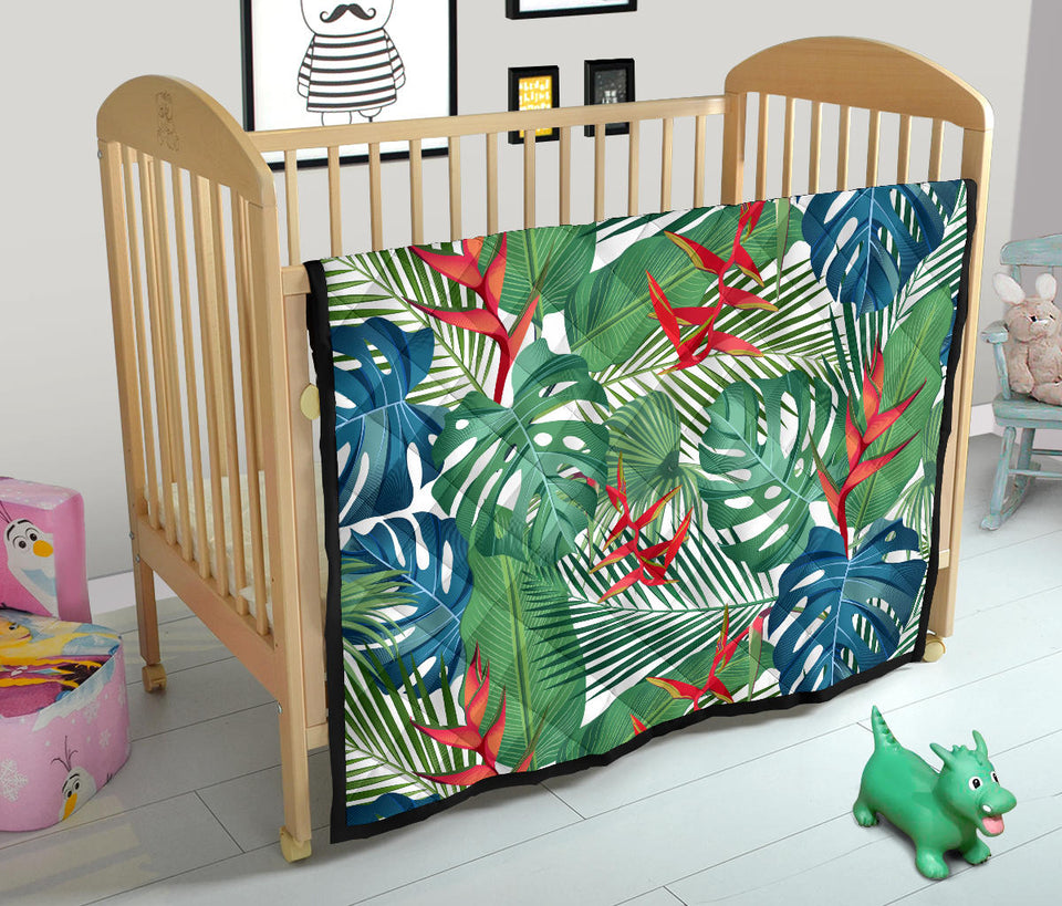 Heliconia Palm And Monstera  Leaves Pattern Premium Quilt