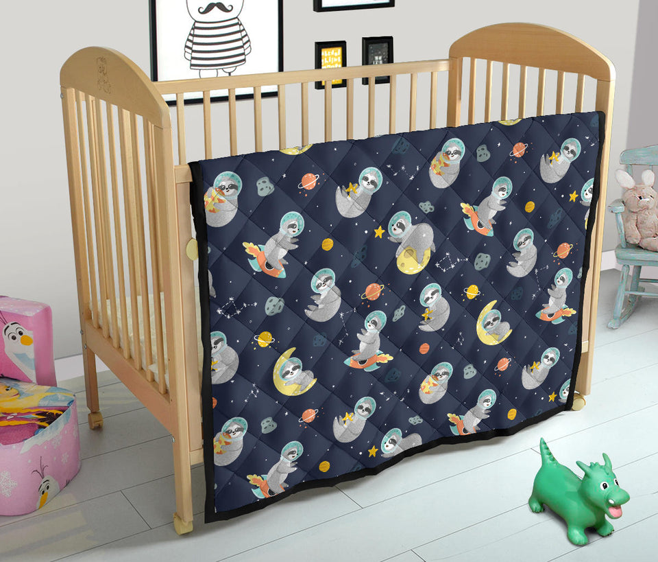 Cute Sloth Astronaut Star Planet Rocket Pattern Premium Quilt