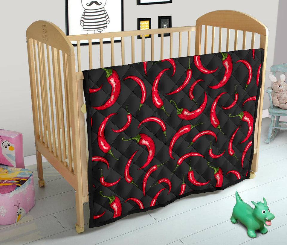 Chili Peppers Pattern Black Background Premium Quilt
