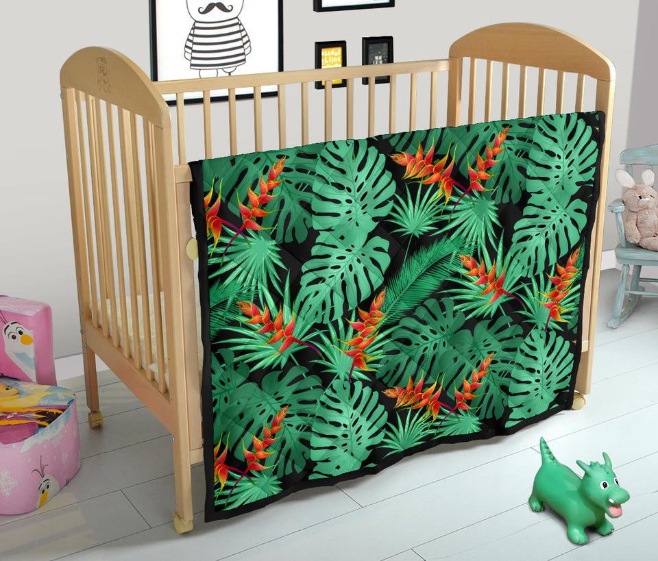 Heliconia Flower Palm Monstera Leaves Black Background Premium Quilt