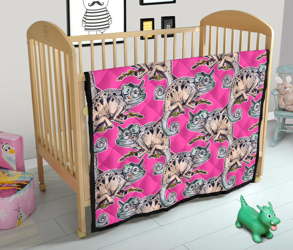 Chameleon Lizard Pattern Pink Background Premium Quilt
