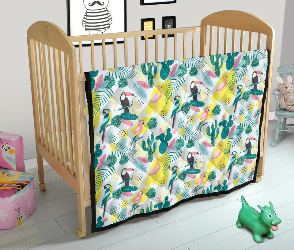 Cute Parrot Toucan Flamingo Cactus Exotic Leaves Pattern Premium Quilt