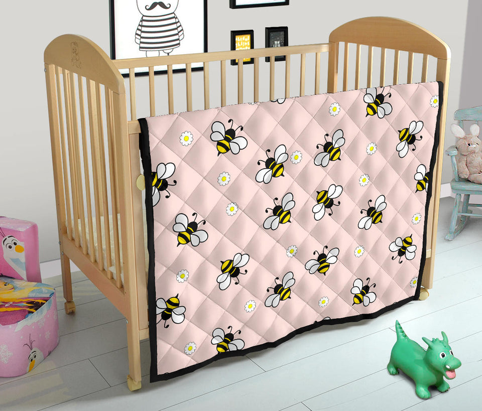 Cute Bee Flower Pattern Pink Background Premium Quilt