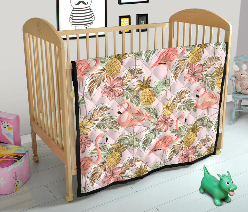 Pink Flamingo Birds Pineapples Hibiscus Flower Pattern Premium Quilt