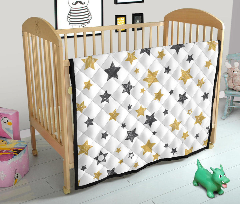 Hand Drawn Gold Black Star Pattern Premium Quilt.