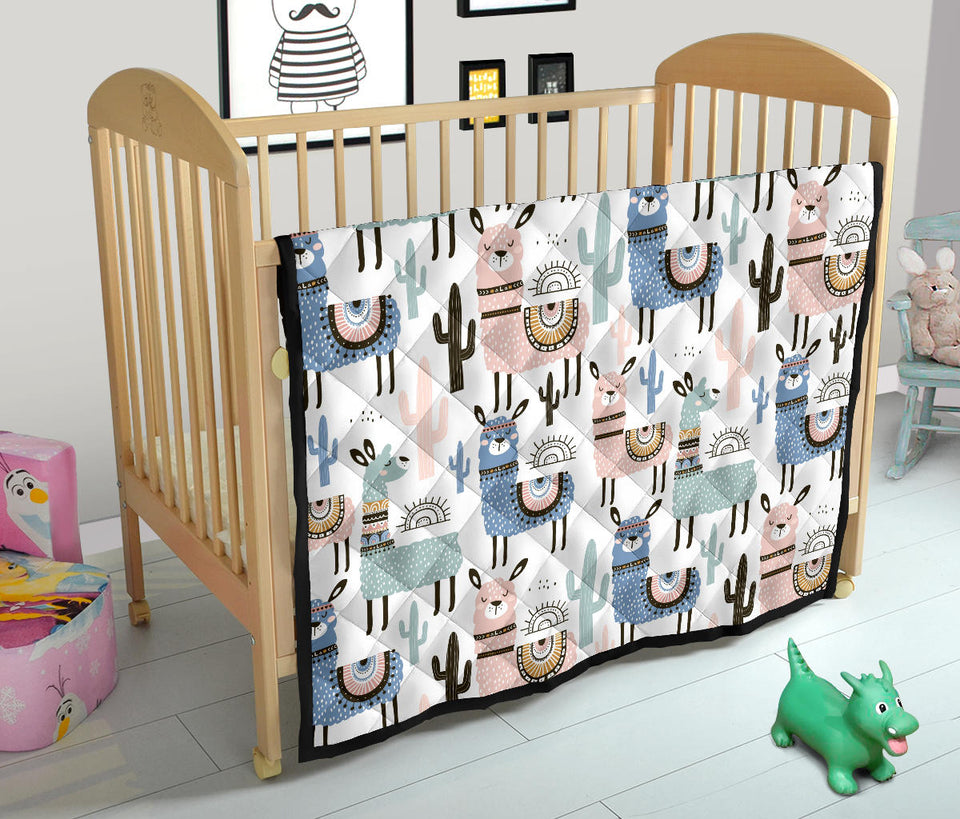 Lama Alpaca Cactus Hand Drawn Pattern Premium Quilt