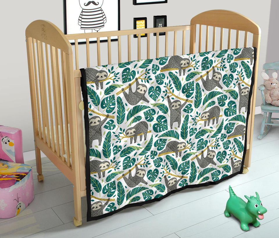 Cute Sloths Tropical Palm Leaves White Background Premium Quilt