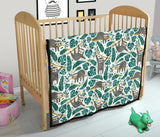 Cute Sloths Tropical Palm Leaves White Background Premium Quilt