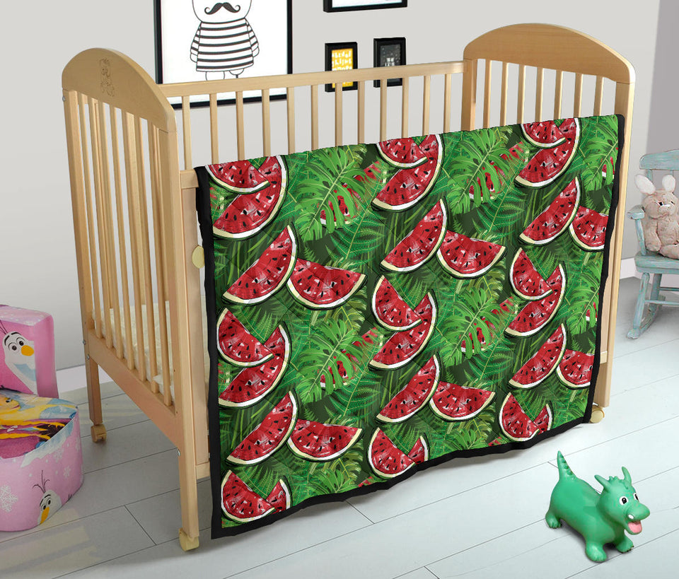 Watermelons Tropical Palm Leaves Pattern Background Premium Quilt
